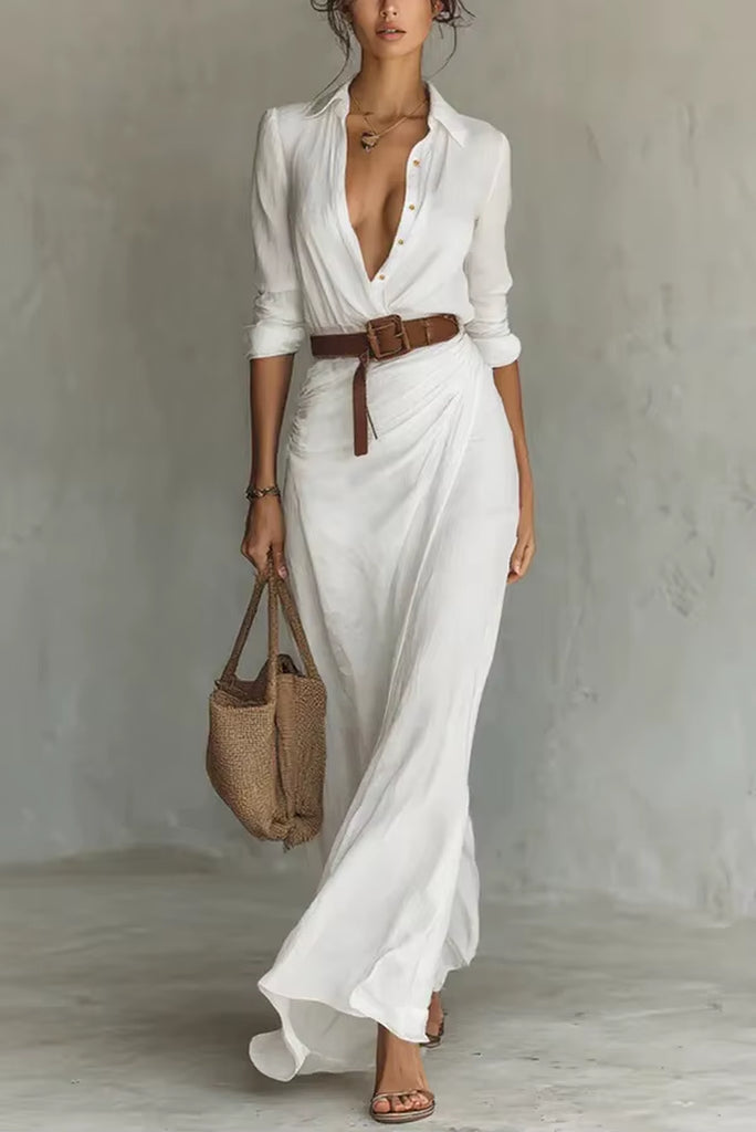 שמלת מקסי אלגנטית בגזרת חולצה עם כפתורים וקשירה