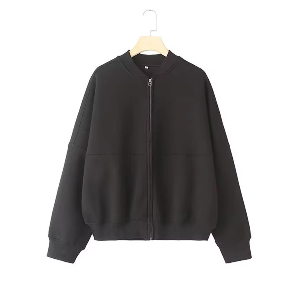 סט נינוח בגימור רך ג׳קט רוכסן ומכנסיים רחבים