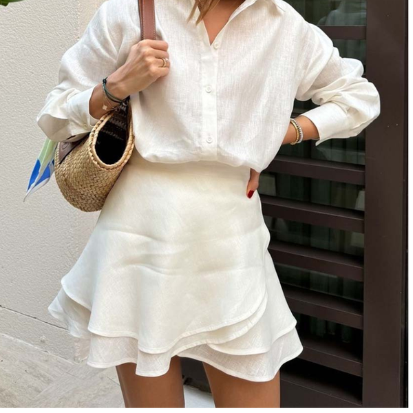 סט חולצה מכופתרת וחצאית קשירה מכותנה