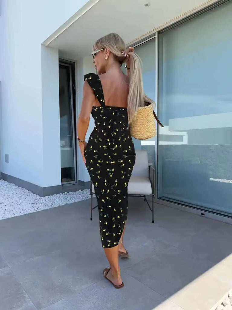 שמלת מידי פרחונית עם שסע ורצועות כתפייה