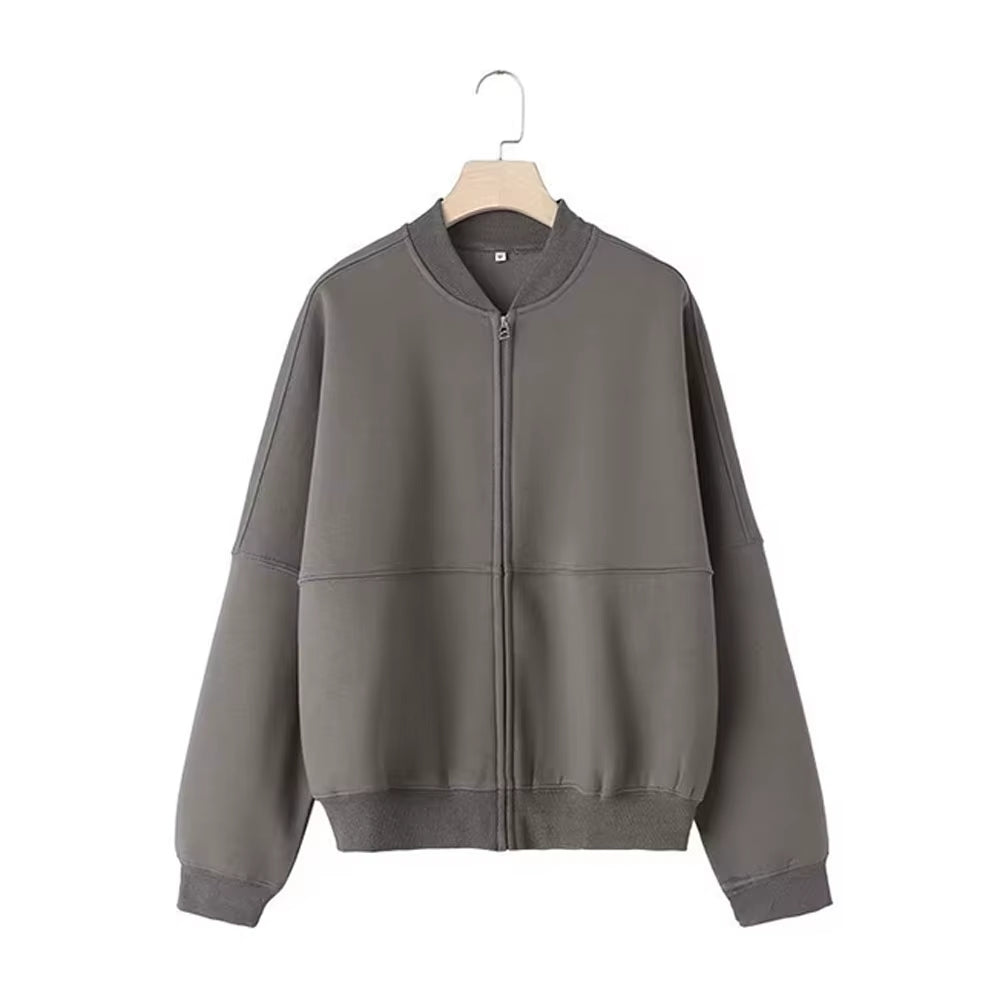 סט נינוח בגימור רך ג׳קט רוכסן ומכנסיים רחבים