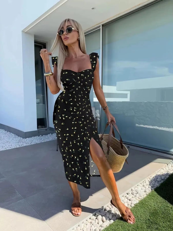 שמלת מידי פרחונית עם שסע ורצועות כתפייה