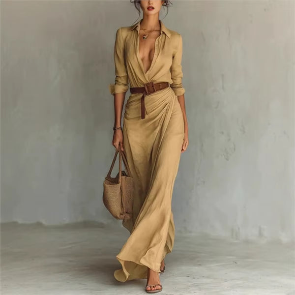 שמלת מקסי אלגנטית בגזרת חולצה עם כפתורים וקשירה