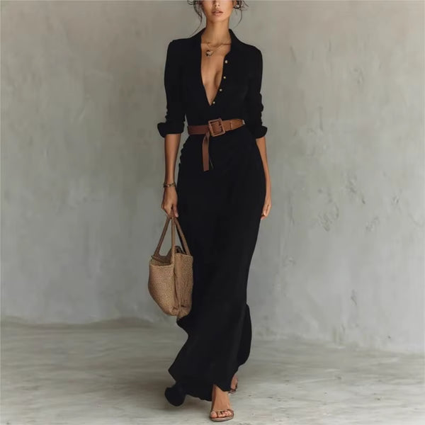 שמלת מקסי אלגנטית בגזרת חולצה עם כפתורים וקשירה