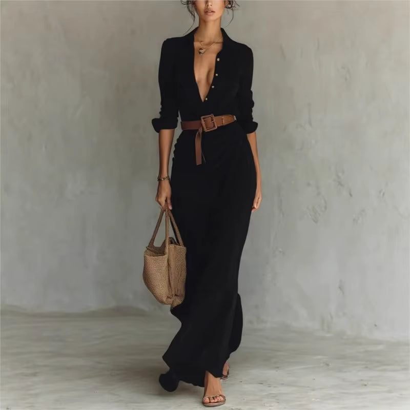 שמלת מקסי אלגנטית בגזרת חולצה עם כפתורים וקשירה