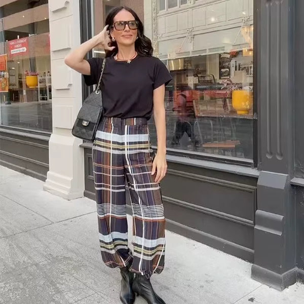 מכנסי משבצות רחבים בגזרה נינוחה